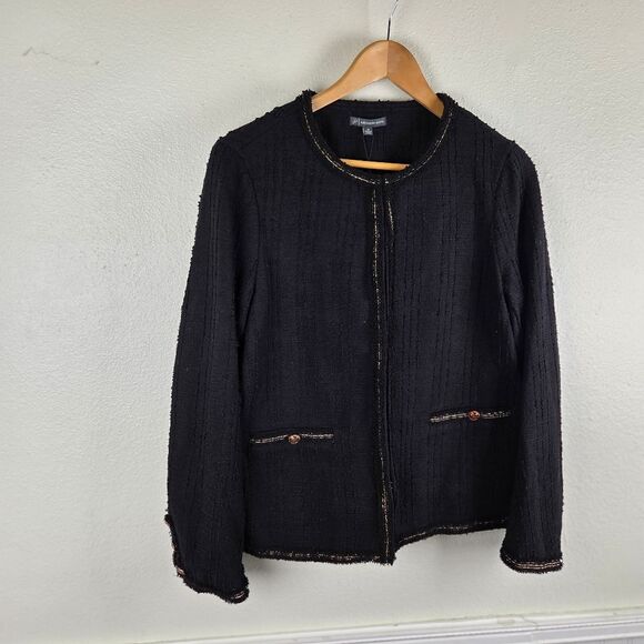 Women's NWT Adrianna Papell Elegant Black Tweed Clasp Frayed Jacket Size Med - Picture 3 of 11
